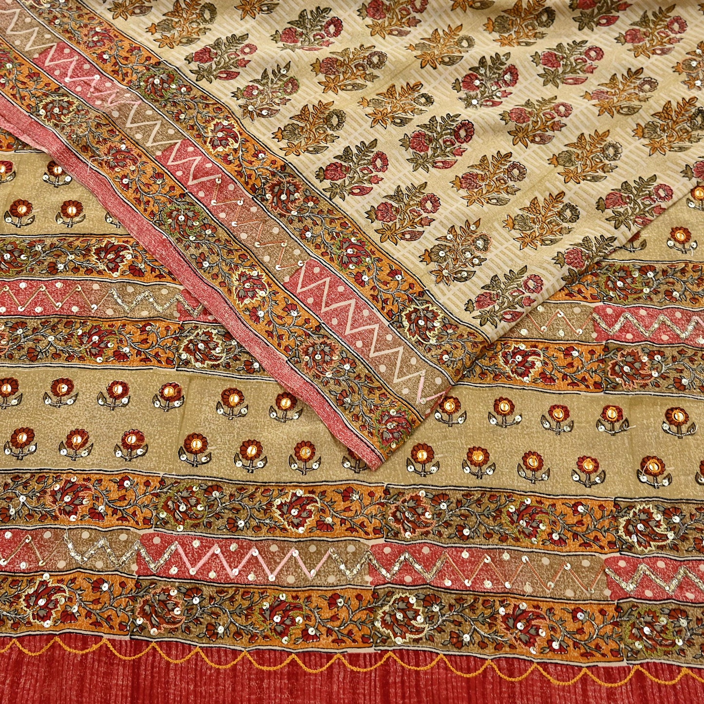 Indian Vintage Sari Beige Pure Crepe Silk Hand Embroidered Saree 5yd Sewing Floral Craft Sequins Dress making Crafting Quilting