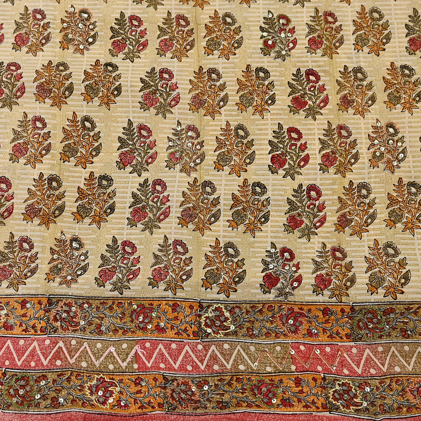 Indian Vintage Sari Beige Pure Crepe Silk Hand Embroidered Saree 5yd Sewing Floral Craft Sequins Dress making Crafting Quilting