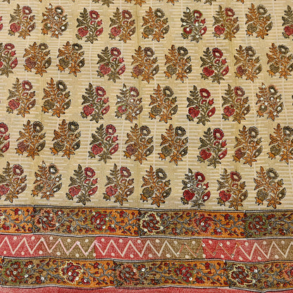 Indian Vintage Sari Beige Pure Crepe Silk Hand Embroidered Saree 5yd Sewing Floral Craft Sequins Dress making Crafting Quilting