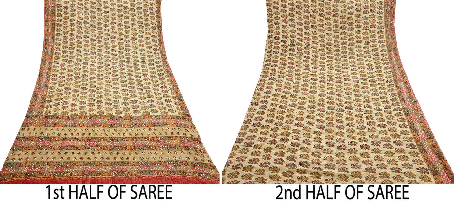 Indian Vintage Sari Beige Pure Crepe Silk Hand Embroidered Saree 5yd Sewing Floral Craft Sequins Dress making Crafting Quilting