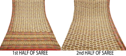 Indian Vintage Sari Beige Pure Crepe Silk Hand Embroidered Saree 5yd Sewing Floral Craft Sequins Dress making Crafting Quilting