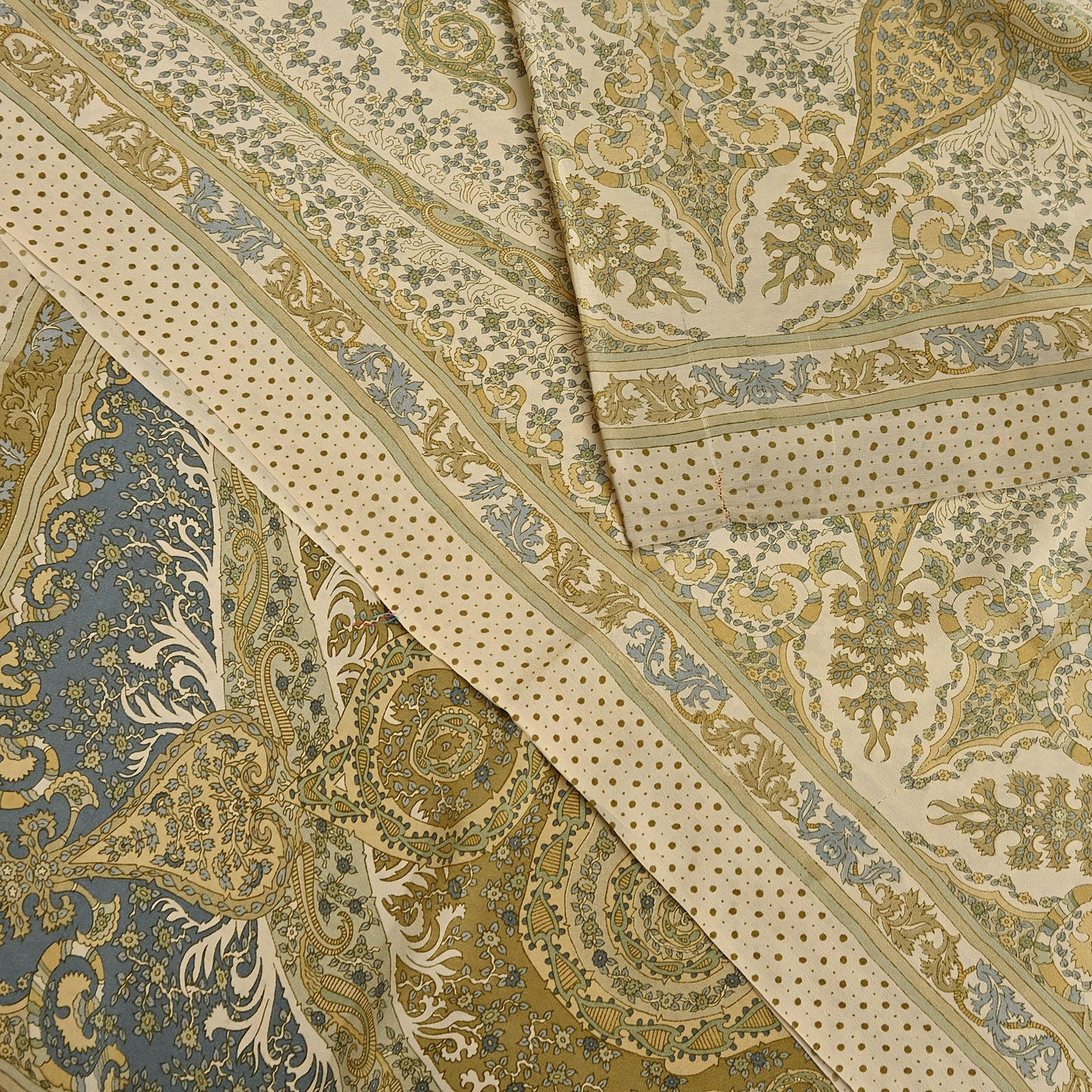 Indian Vintage Sari Green & Ivory Pure Crepe Silk Printed Saree 6yd Sewing Floral Soft Craft Fabric Wrap Dress making Crafting Quilting