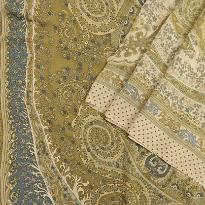 Indian Vintage Sari Green & Ivory Pure Crepe Silk Printed Saree 6yd Sewing Floral Soft Craft Fabric Wrap Dress making Crafting Quilting