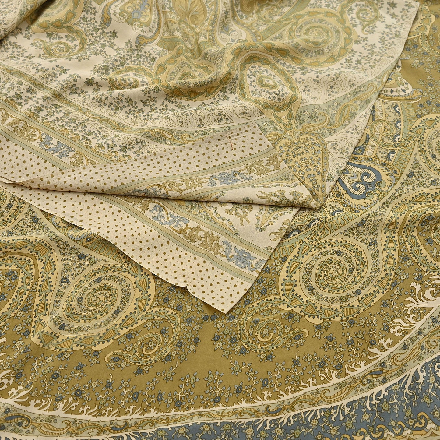 Indian Vintage Sari Green & Ivory Pure Crepe Silk Printed Saree 6yd Sewing Floral Soft Craft Fabric Wrap Dress making Crafting Quilting