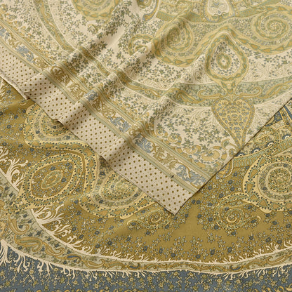 Indian Vintage Sari Green & Ivory Pure Crepe Silk Printed Saree 6yd Sewing Floral Soft Craft Fabric Wrap Dress making Crafting Quilting