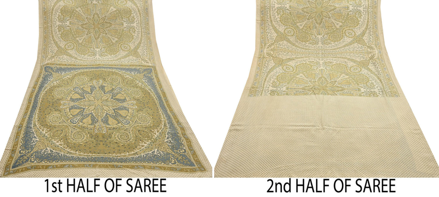 Indian Vintage Sari Green & Ivory Pure Crepe Silk Printed Saree 6yd Sewing Floral Soft Craft Fabric Wrap Dress making Crafting Quilting