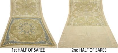 Indian Vintage Sari Green & Ivory Pure Crepe Silk Printed Saree 6yd Sewing Floral Soft Craft Fabric Wrap Dress making Crafting Quilting