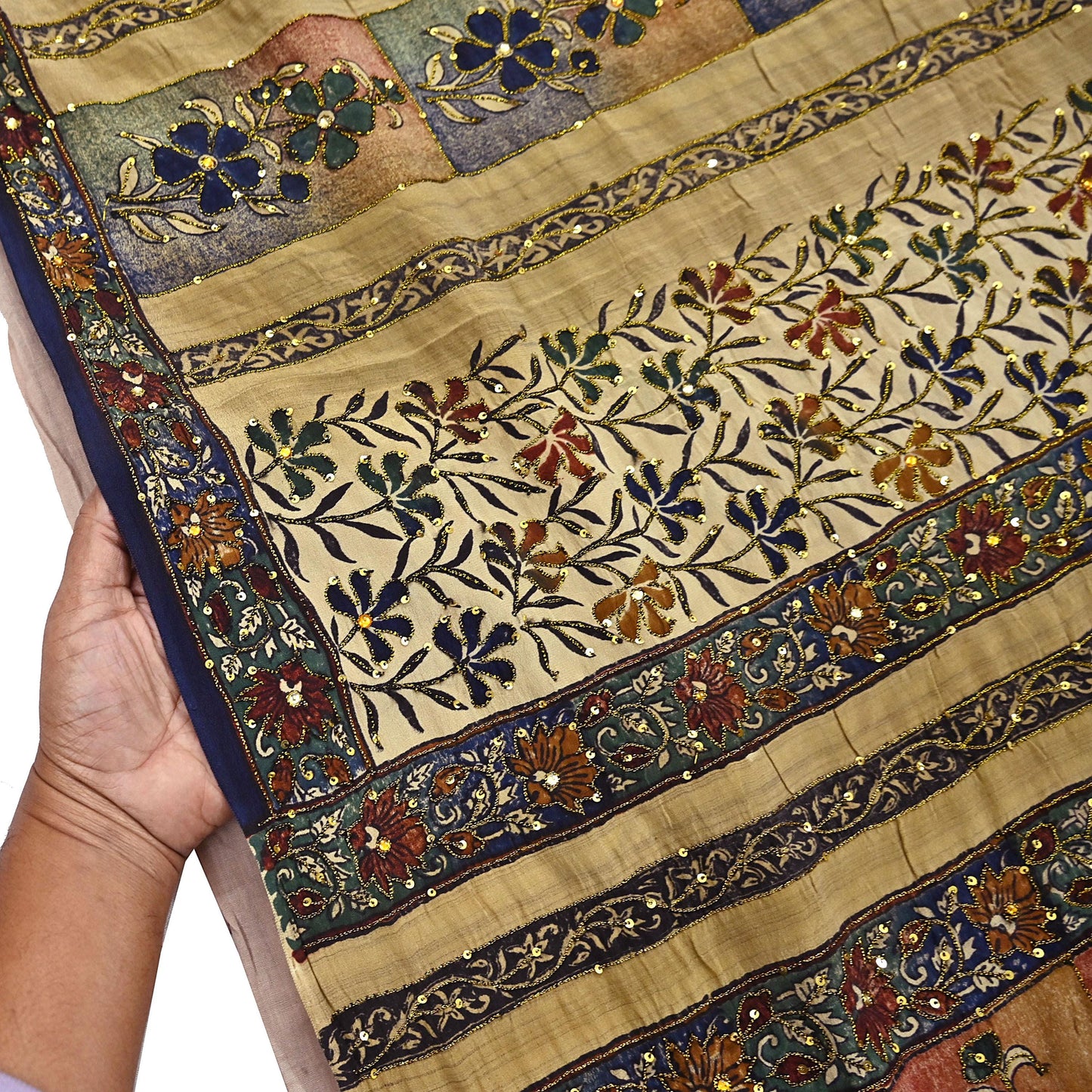 Indian Vintage Sari Beige Pure Crepe Silk Hand Embroidered Saree 6yd Sewing Floral Craft Sequins Dress making Crafting Quilting