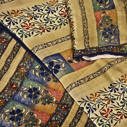 Indian Vintage Sari Beige Pure Crepe Silk Hand Embroidered Saree 6yd Sewing Floral Craft Sequins Dress making Crafting Quilting