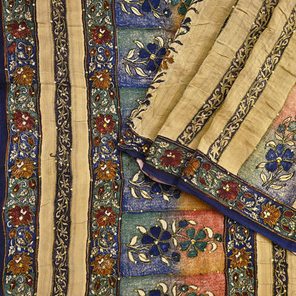 Indian Vintage Sari Beige Pure Crepe Silk Hand Embroidered Saree 6yd Sewing Floral Craft Sequins Dress making Crafting Quilting