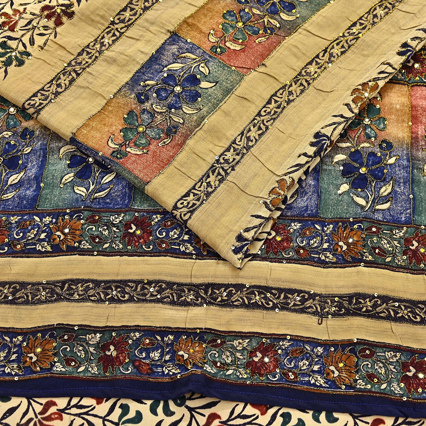 Indian Vintage Sari Beige Pure Crepe Silk Hand Embroidered Saree 6yd Sewing Floral Craft Sequins Dress making Crafting Quilting