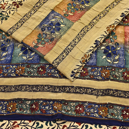 Indian Vintage Sari Beige Pure Crepe Silk Hand Embroidered Saree 6yd Sewing Floral Craft Sequins Dress making Crafting Quilting