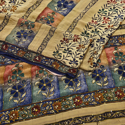 Indian Vintage Sari Beige Pure Crepe Silk Hand Embroidered Saree 6yd Sewing Floral Craft Sequins Dress making Crafting Quilting