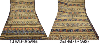 Indian Vintage Sari Beige Pure Crepe Silk Hand Embroidered Saree 6yd Sewing Floral Craft Sequins Dress making Crafting Quilting