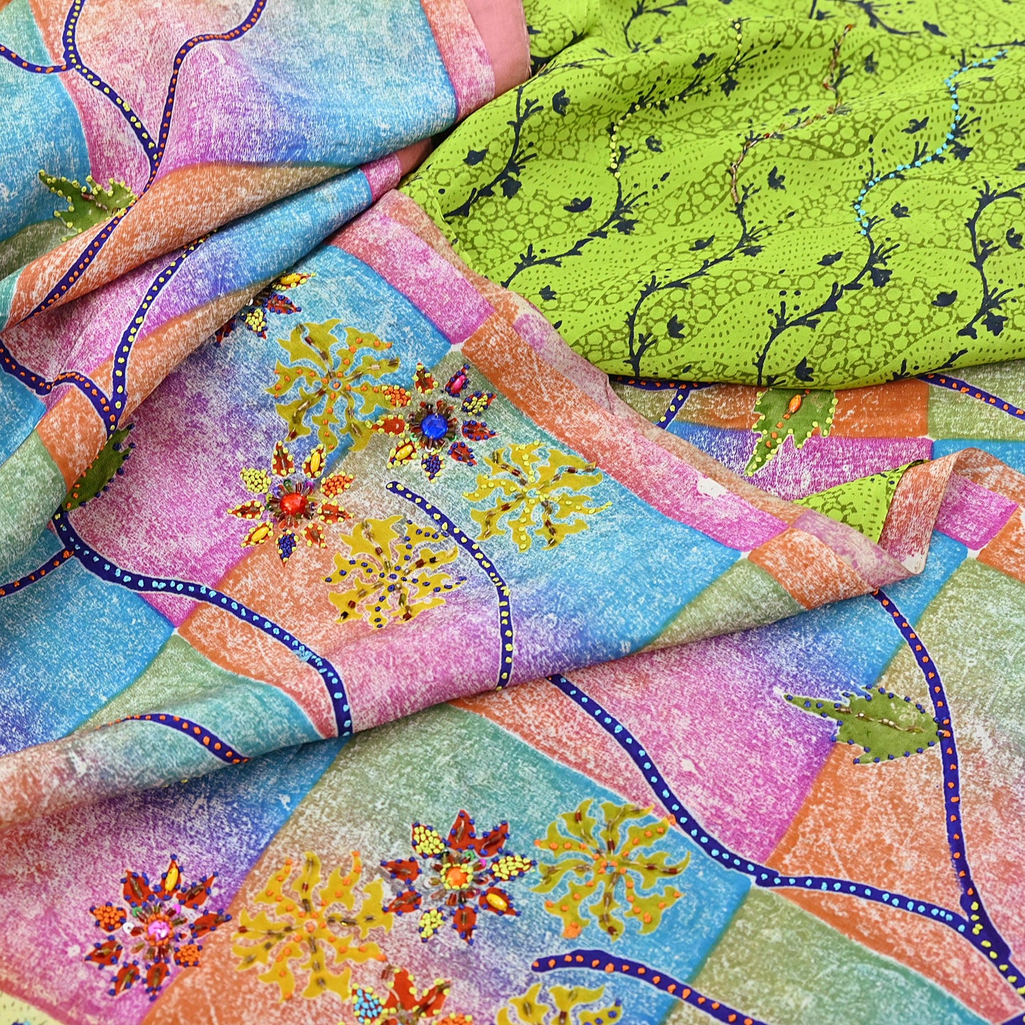 Indian Vintage Sari Multi & Green Pure Crepe Silk Hand Embroidered Saree 5yd Sewing Floral Craft Sequins Dress making Crafting Quilting