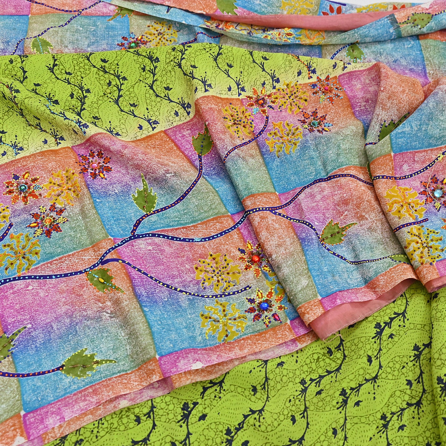 Indian Vintage Sari Multi & Green Pure Crepe Silk Hand Embroidered Saree 5yd Sewing Floral Craft Sequins Dress making Crafting Quilting