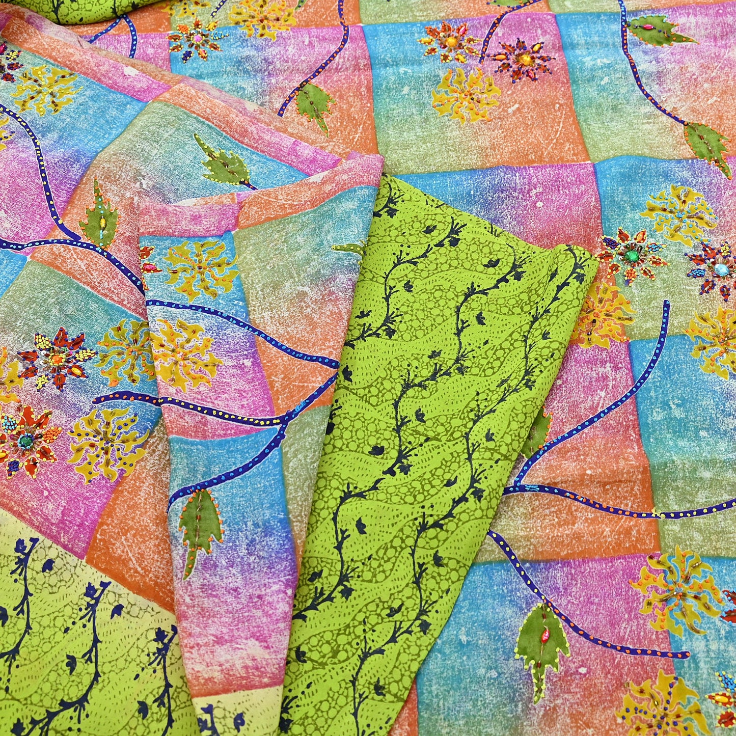 Indian Vintage Sari Multi & Green Pure Crepe Silk Hand Embroidered Saree 5yd Sewing Floral Craft Sequins Dress making Crafting Quilting