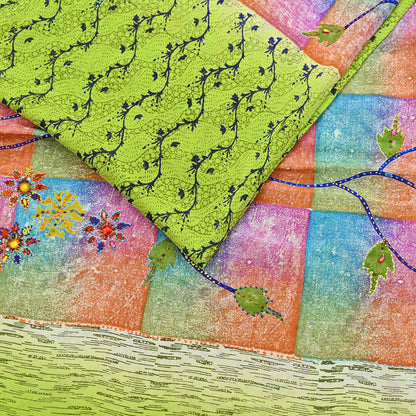 Indian Vintage Sari Multi & Green Pure Crepe Silk Hand Embroidered Saree 5yd Sewing Floral Craft Sequins Dress making Crafting Quilting