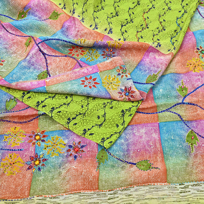 Indian Vintage Sari Multi & Green Pure Crepe Silk Hand Embroidered Saree 5yd Sewing Floral Craft Sequins Dress making Crafting Quilting