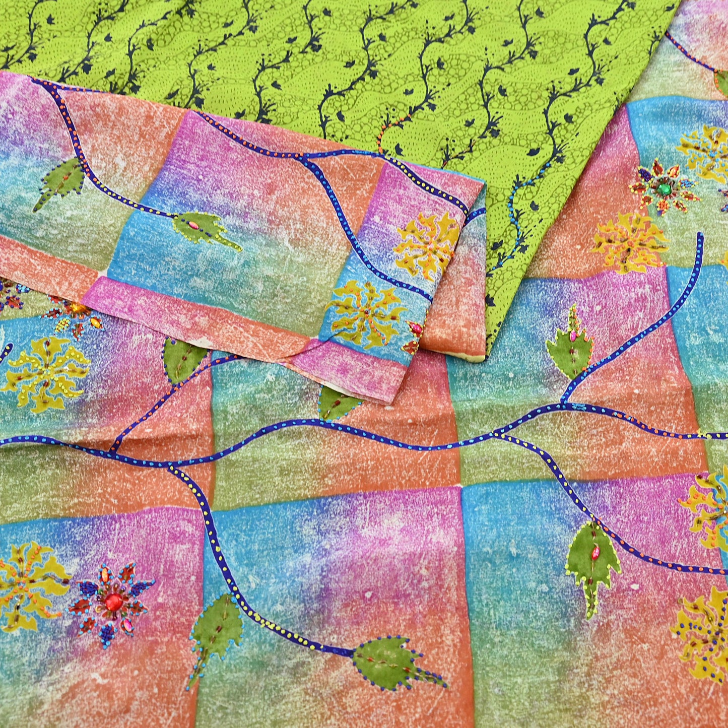 Indian Vintage Sari Multi & Green Pure Crepe Silk Hand Embroidered Saree 5yd Sewing Floral Craft Sequins Dress making Crafting Quilting