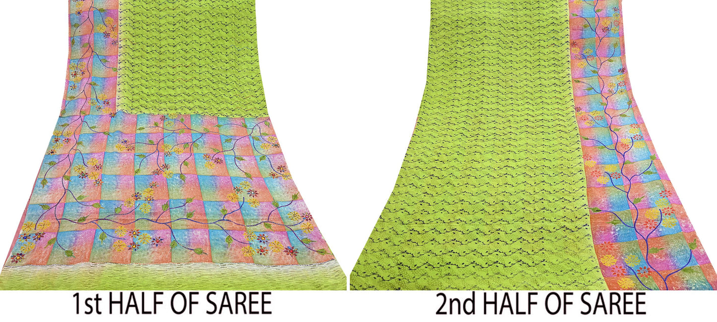 Indian Vintage Sari Multi & Green Pure Crepe Silk Hand Embroidered Saree 5yd Sewing Floral Craft Sequins Dress making Crafting Quilting
