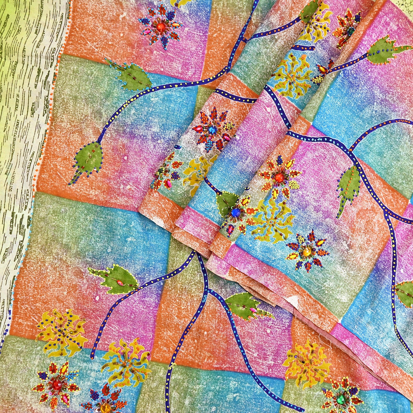 Indian Vintage Sari Multi & Green Pure Crepe Silk Hand Embroidered Saree 5yd Sewing Floral Craft Sequins Dress making Crafting Quilting