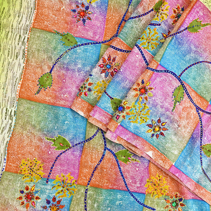 Indian Vintage Sari Multi & Green Pure Crepe Silk Hand Embroidered Saree 5yd Sewing Floral Craft Sequins Dress making Crafting Quilting