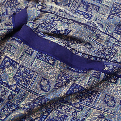 Indian Vintage Sari Ivory & Blue Printed 100% Pure Satin Silk Sarees 5yd Sewing Craft Fabric Dress Making Wrap Upcycle Quilting Crafting