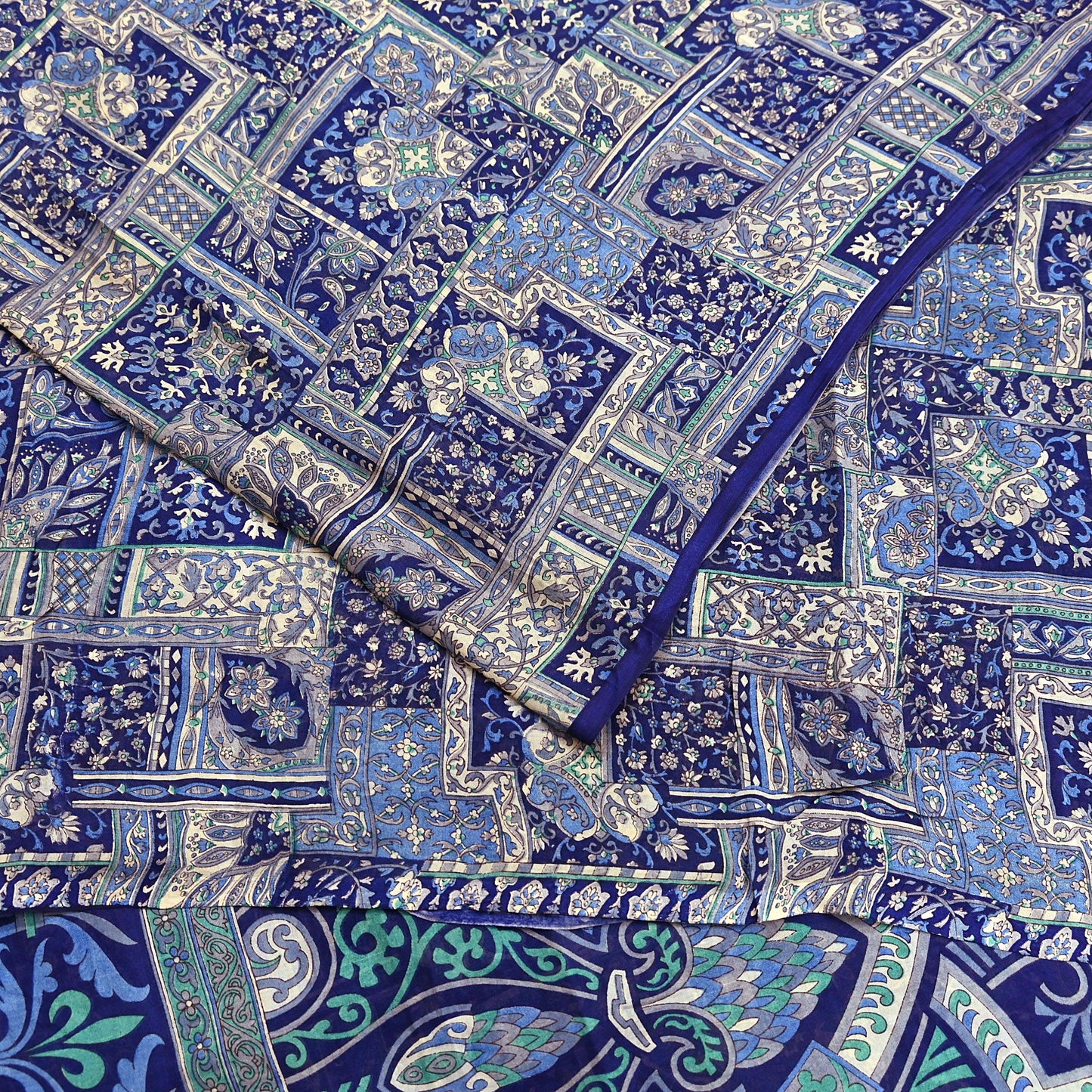 Indian Vintage Sari Ivory & Blue Printed 100% Pure Satin Silk Sarees 5yd Sewing Craft Fabric Dress Making Wrap Upcycle Quilting Crafting