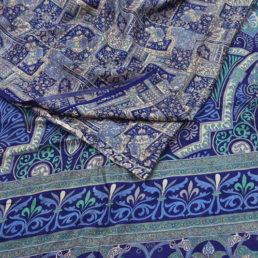 Indian Vintage Sari Ivory & Blue Printed 100% Pure Satin Silk Sarees 5yd Sewing Craft Fabric Dress Making Wrap Upcycle Quilting Crafting