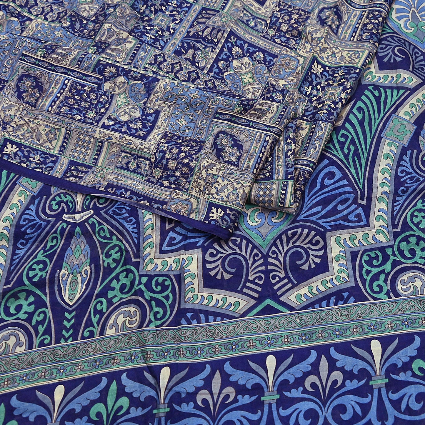 Indian Vintage Sari Ivory & Blue Printed 100% Pure Satin Silk Sarees 5yd Sewing Craft Fabric Dress Making Wrap Upcycle Quilting Crafting