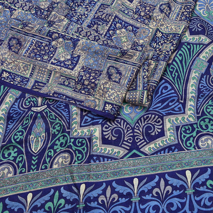 Indian Vintage Sari Ivory & Blue Printed 100% Pure Satin Silk Sarees 5yd Sewing Craft Fabric Dress Making Wrap Upcycle Quilting Crafting