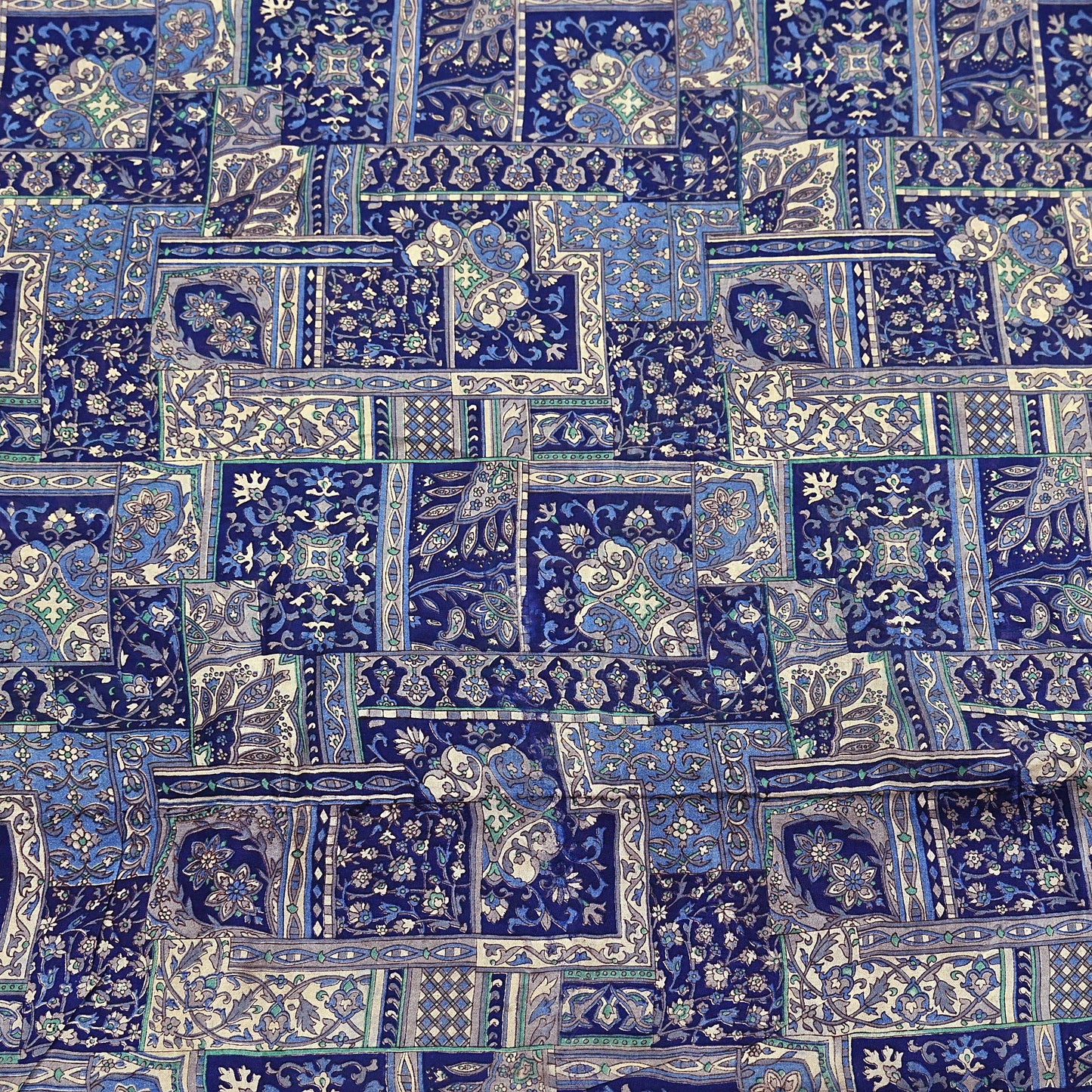 Indian Vintage Sari Ivory & Blue Printed 100% Pure Satin Silk Sarees 5yd Sewing Craft Fabric Dress Making Wrap Upcycle Quilting Crafting