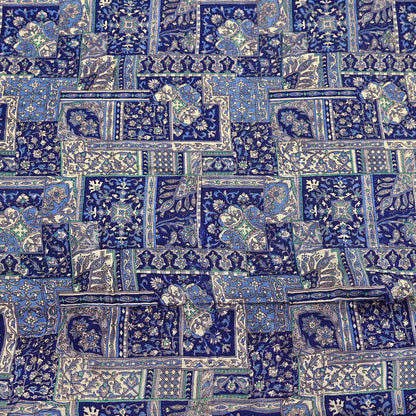 Indian Vintage Sari Ivory & Blue Printed 100% Pure Satin Silk Sarees 5yd Sewing Craft Fabric Dress Making Wrap Upcycle Quilting Crafting