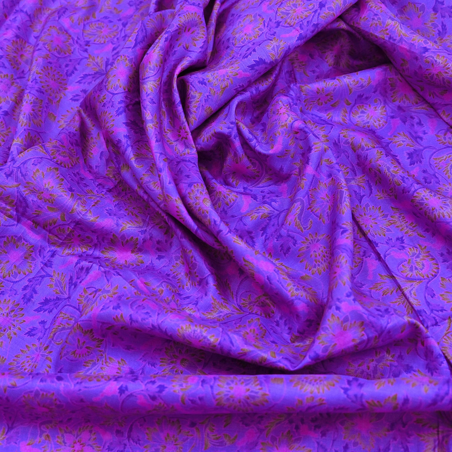 Indian Vintage Purple Pure Silk Printed Saree 5Yards Soft Floral Fabric for Dressmaking, Quilting, Crafting, Sewing & Upcycling