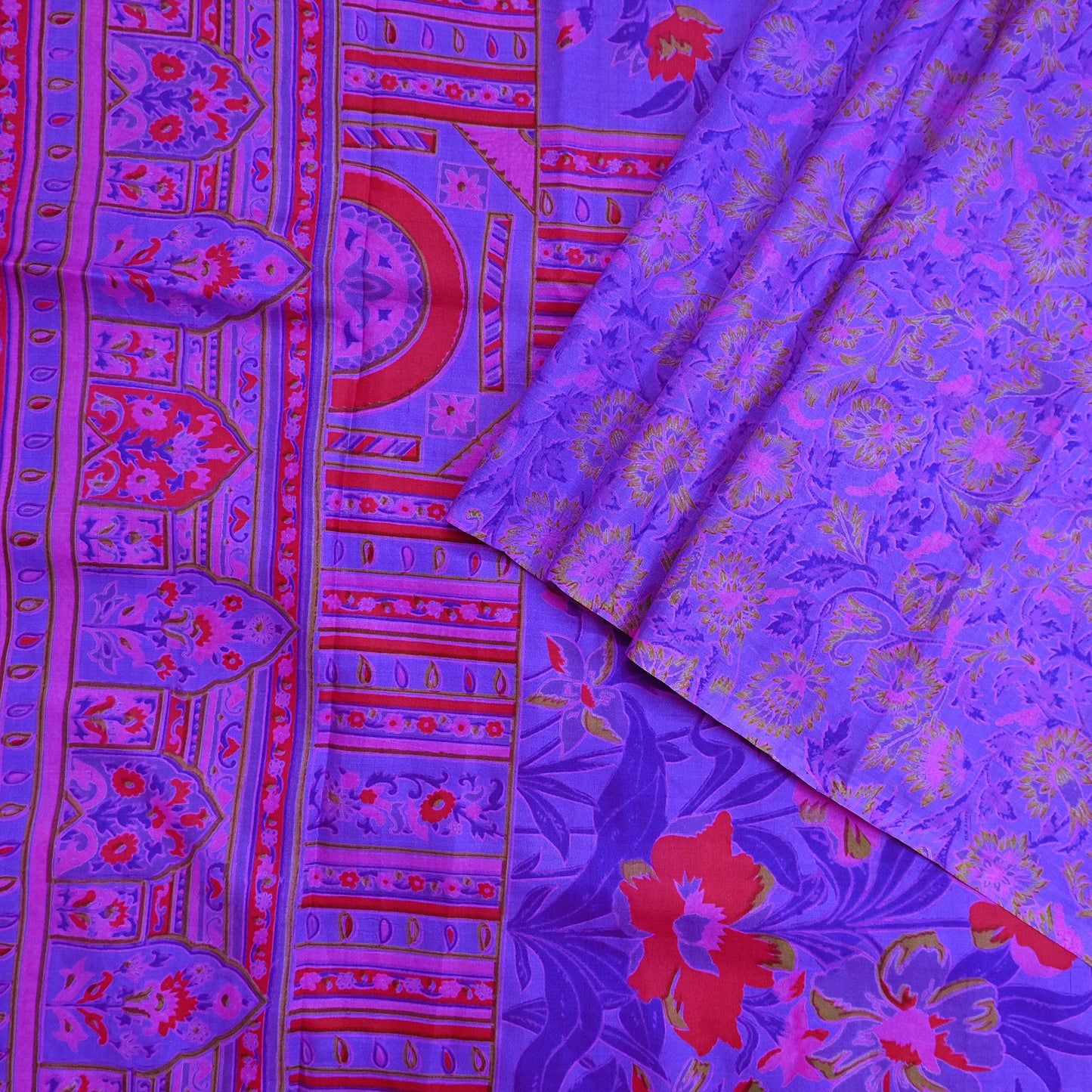 Indian Vintage Purple Pure Silk Printed Saree 5Yards Soft Floral Fabric for Dressmaking, Quilting, Crafting, Sewing & Upcycling