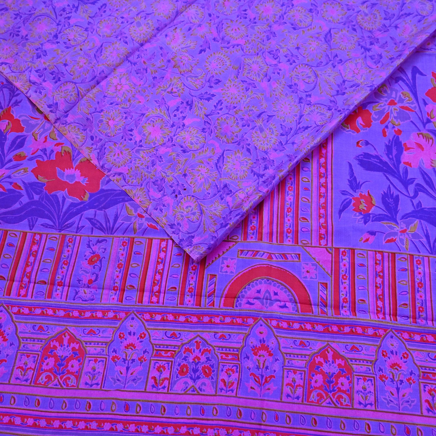 Indian Vintage Purple Pure Silk Printed Saree 5Yards Soft Floral Fabric for Dressmaking, Quilting, Crafting, Sewing & Upcycling