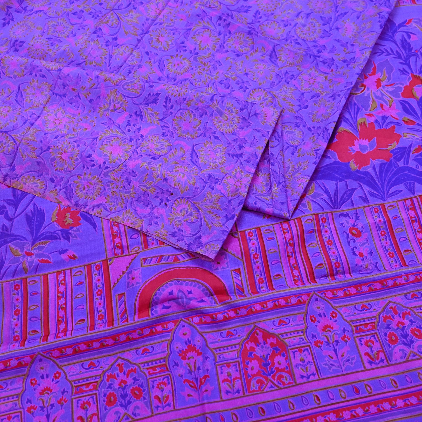 Indian Vintage Purple Pure Silk Printed Saree 5Yards Soft Floral Fabric for Dressmaking, Quilting, Crafting, Sewing & Upcycling