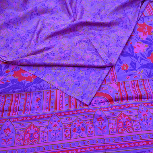 Indian Vintage Purple Pure Silk Printed Saree 5Yards Soft Floral Fabric for Dressmaking, Quilting, Crafting, Sewing & Upcycling