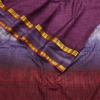Vintage Maroon & Purple Pure Silk Saree Indian Printed Silk Fabric 5 Yards Boho Craft Material for Sewing, Quilting, Dressmaking, Upcycling
