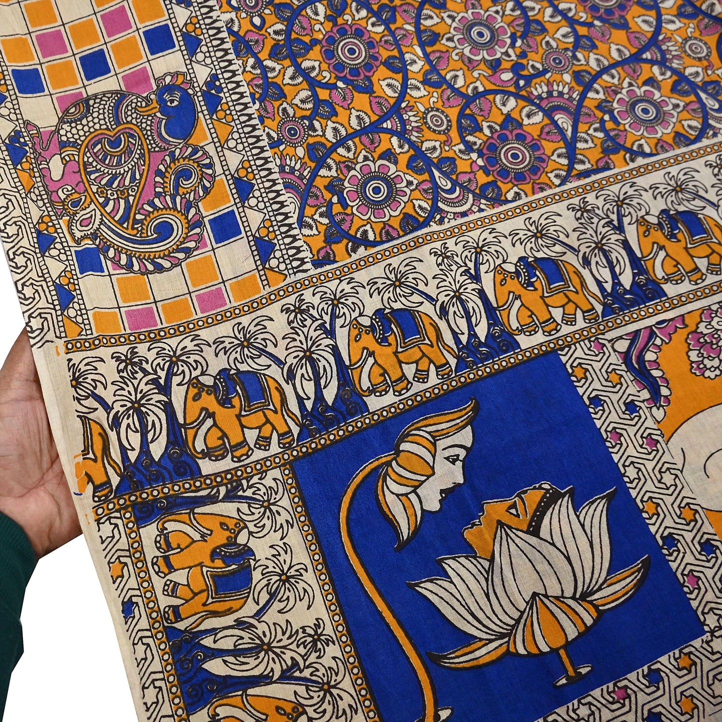 Indian Vintage Sari Kalamkari Print Sari Pure Cotton Saree Craft Fabric 5Yd Soft Dancing Lady Ethnic Dress Making
