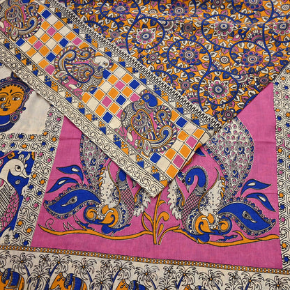 Indian Vintage Sari Kalamkari Print Sari Pure Cotton Saree Craft Fabric 5Yd Soft Dancing Lady Ethnic Dress Making