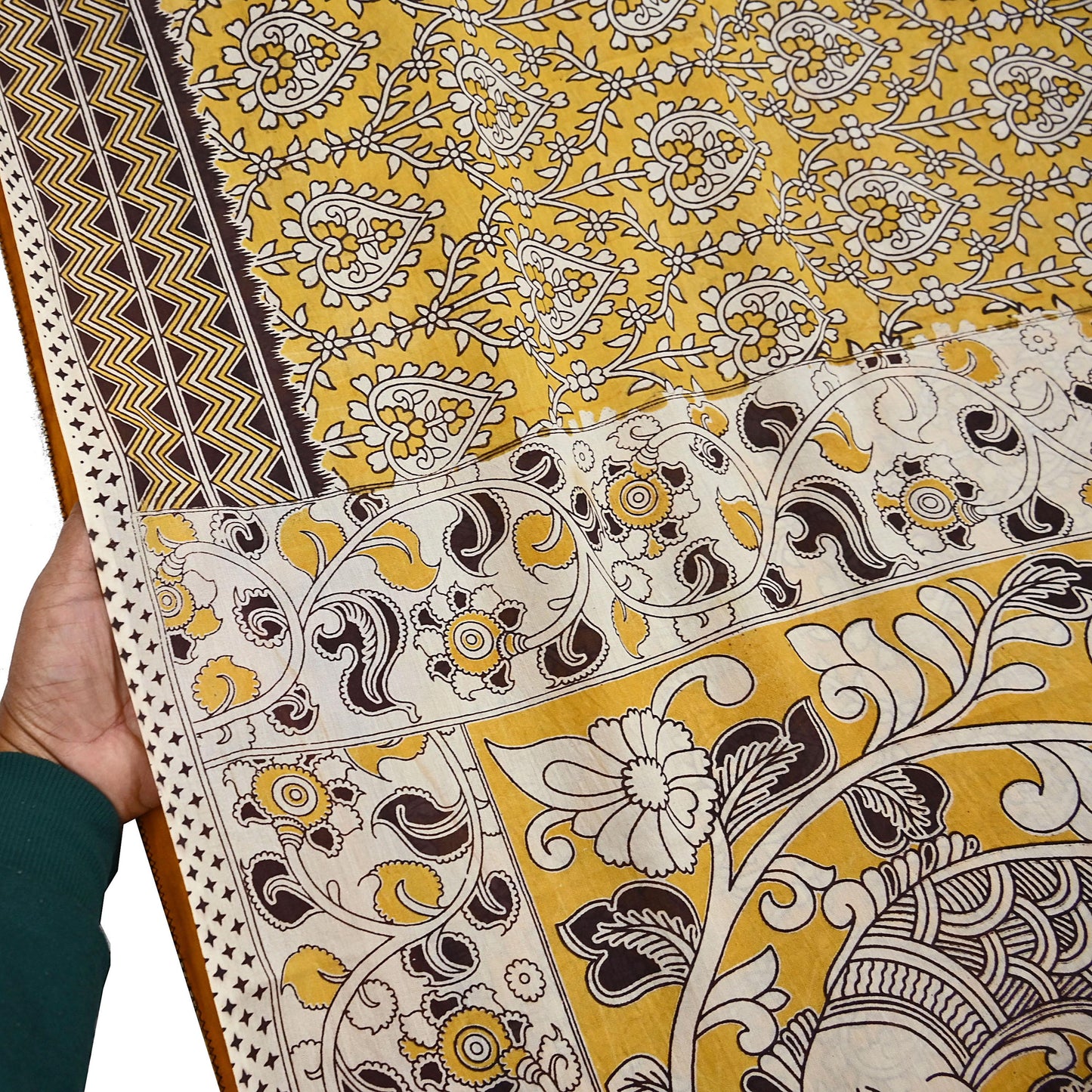 Indian Vintage Sari Mustard Kalamkari Print Sari Pure Cotton Saree Craft Fabric 5Yd Soft Dancing Lady Ethnic Dress Making
