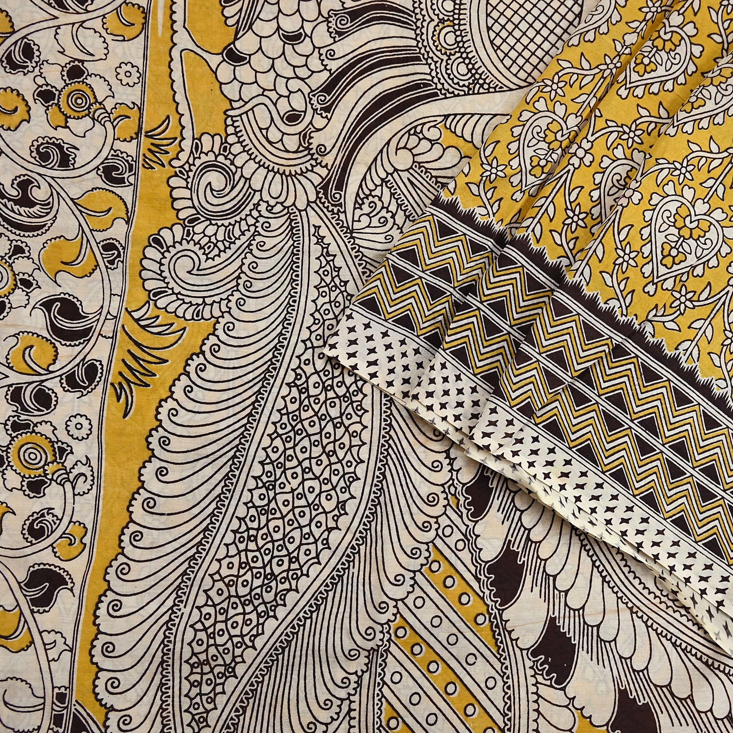 Indian Vintage Sari Mustard Kalamkari Print Sari Pure Cotton Saree Craft Fabric 5Yd Soft Dancing Lady Ethnic Dress Making