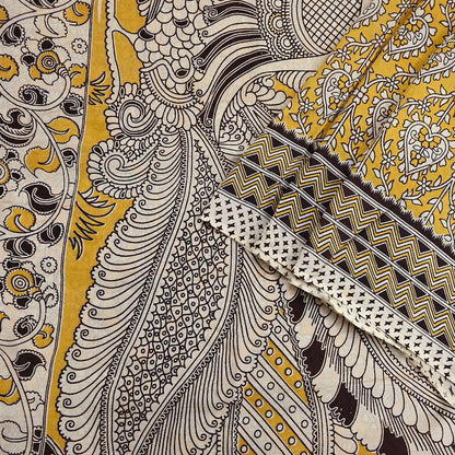 Indian Vintage Sari Mustard Kalamkari Print Sari Pure Cotton Saree Craft Fabric 5Yd Soft Dancing Lady Ethnic Dress Making