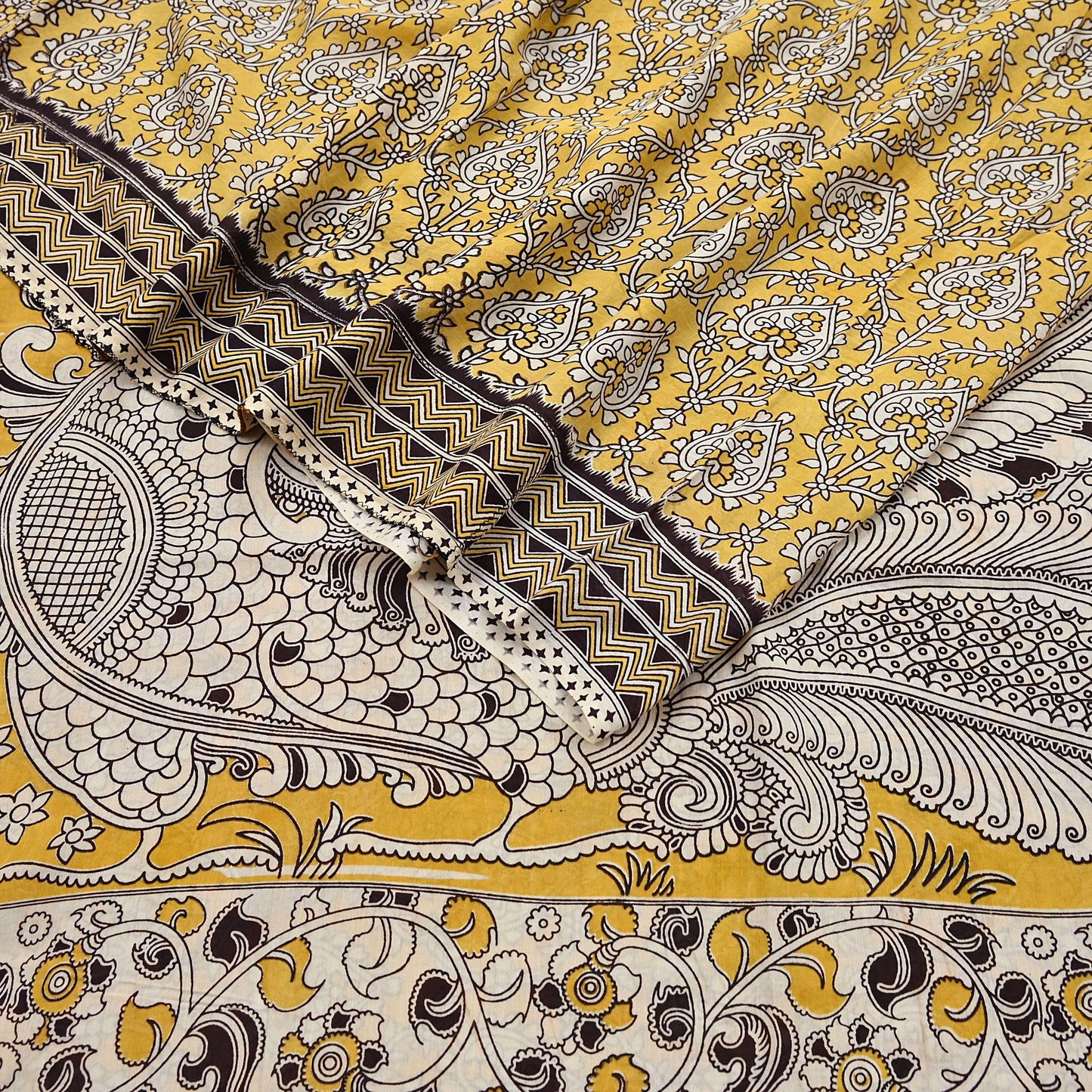 Indian Vintage Sari Mustard Kalamkari Print Sari Pure Cotton Saree Craft Fabric 5Yd Soft Dancing Lady Ethnic Dress Making