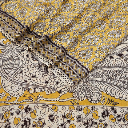 Indian Vintage Sari Mustard Kalamkari Print Sari Pure Cotton Saree Craft Fabric 5Yd Soft Dancing Lady Ethnic Dress Making