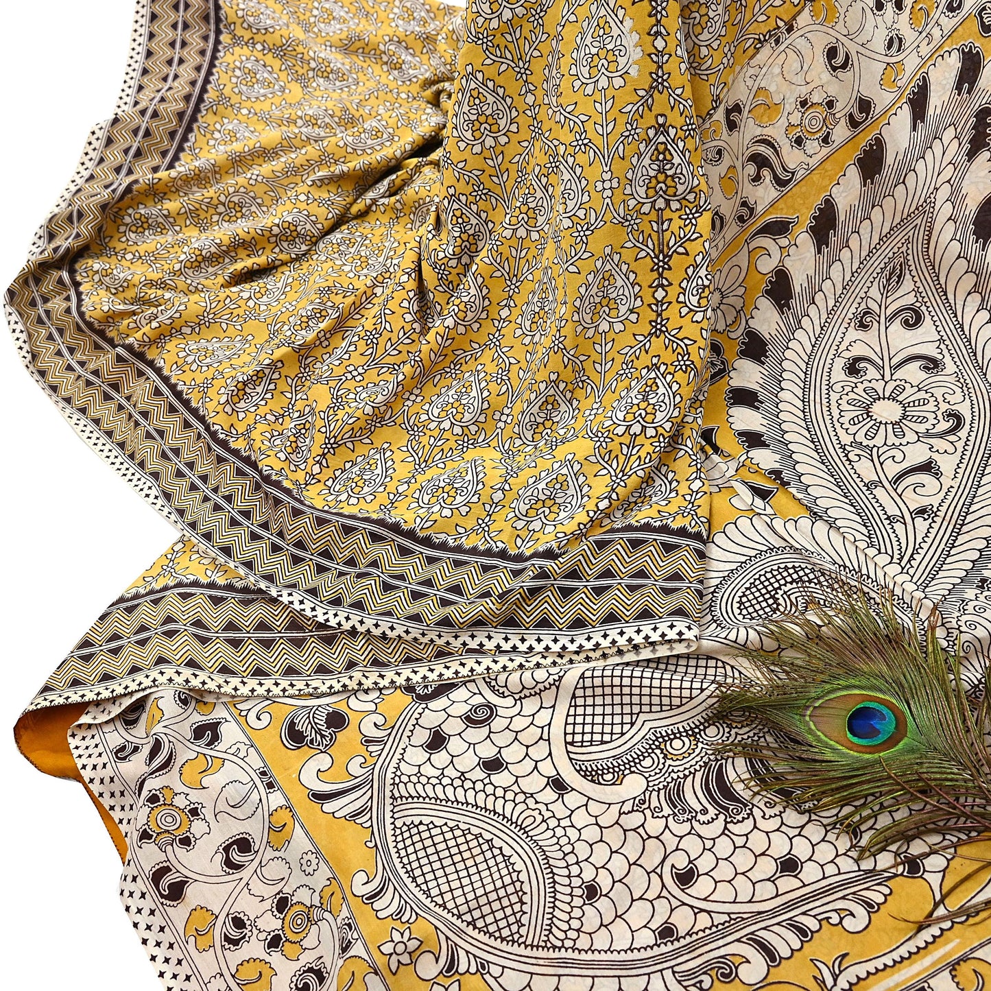 Indian Vintage Sari Mustard Kalamkari Print Sari Pure Cotton Saree Craft Fabric 5Yd Soft Dancing Lady Ethnic Dress Making