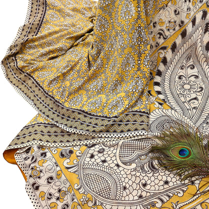 Indian Vintage Sari Mustard Kalamkari Print Sari Pure Cotton Saree Craft Fabric 5Yd Soft Dancing Lady Ethnic Dress Making