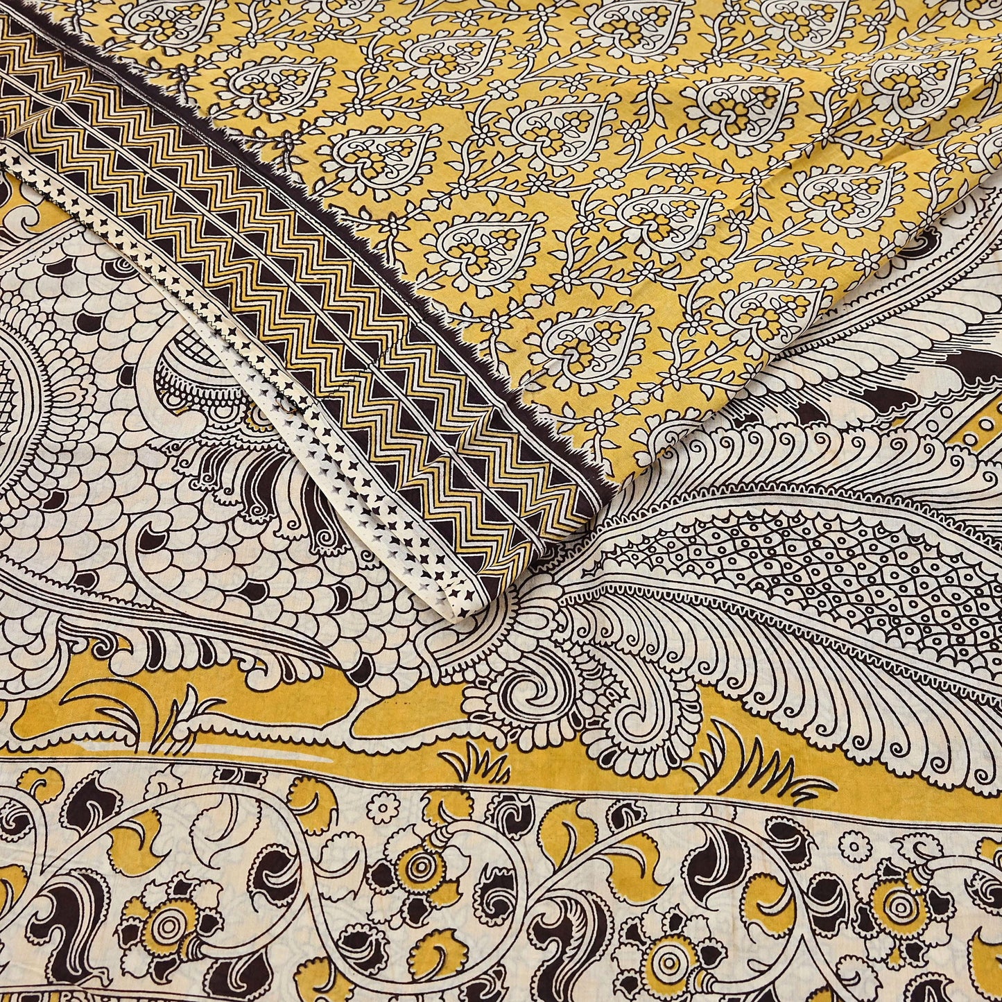 Indian Vintage Sari Mustard Kalamkari Print Sari Pure Cotton Saree Craft Fabric 5Yd Soft Dancing Lady Ethnic Dress Making